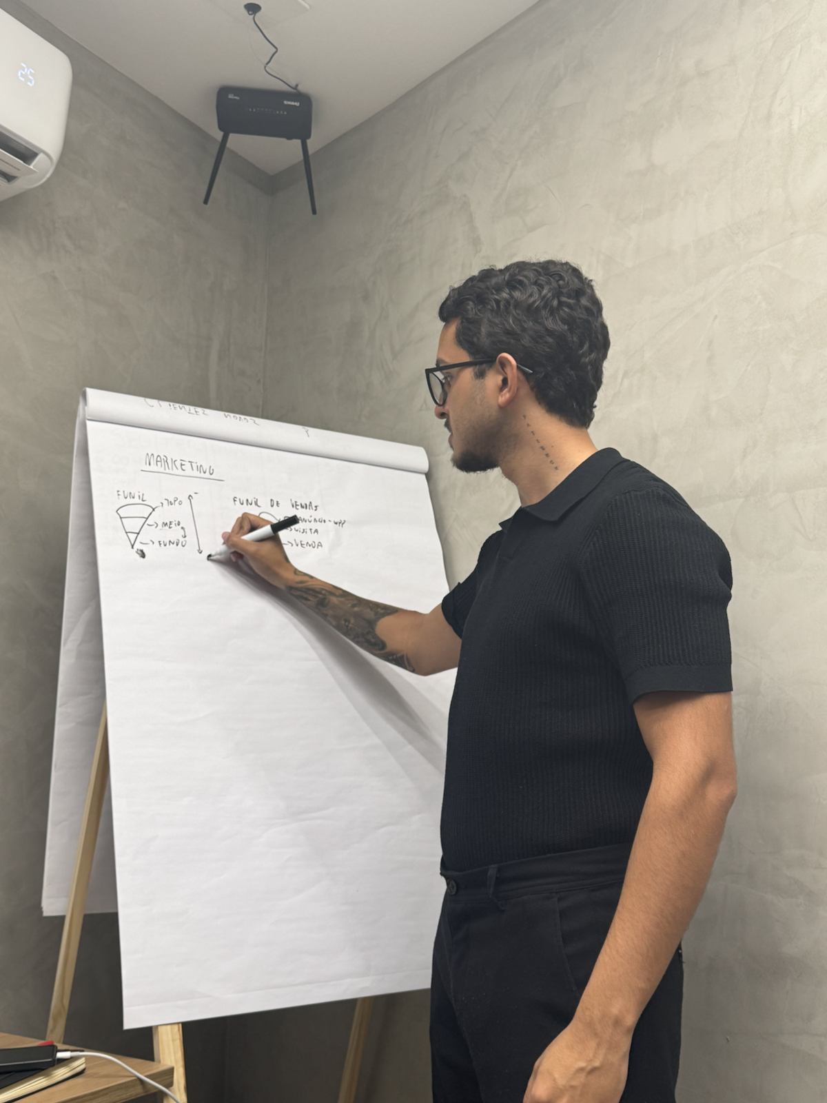 Thiago Machado explicando geração de demanda em um quadro